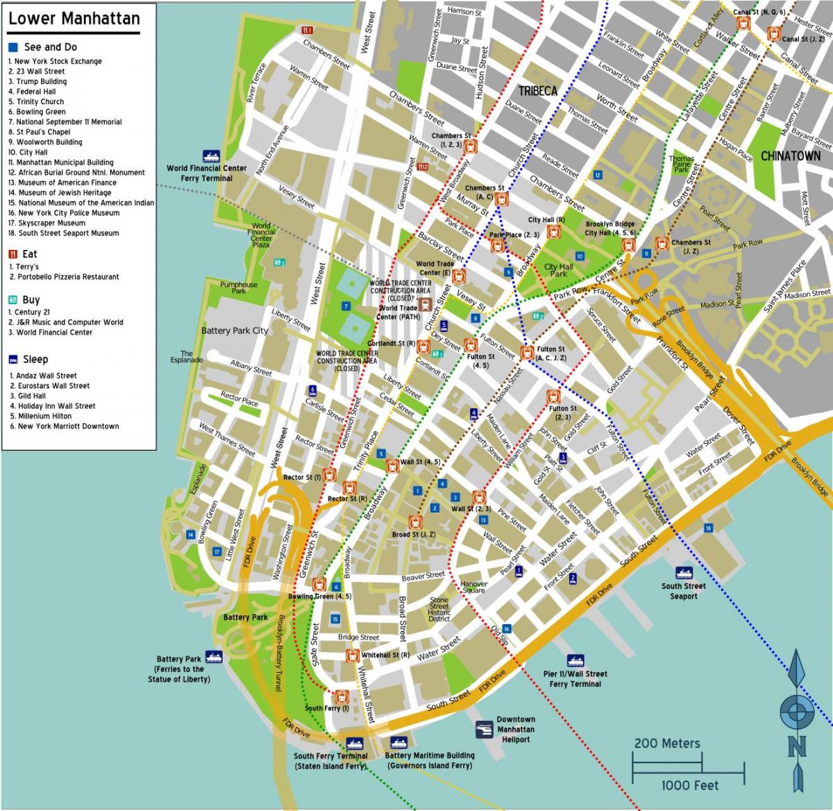 karta över nedre Manhattan med gatunamn