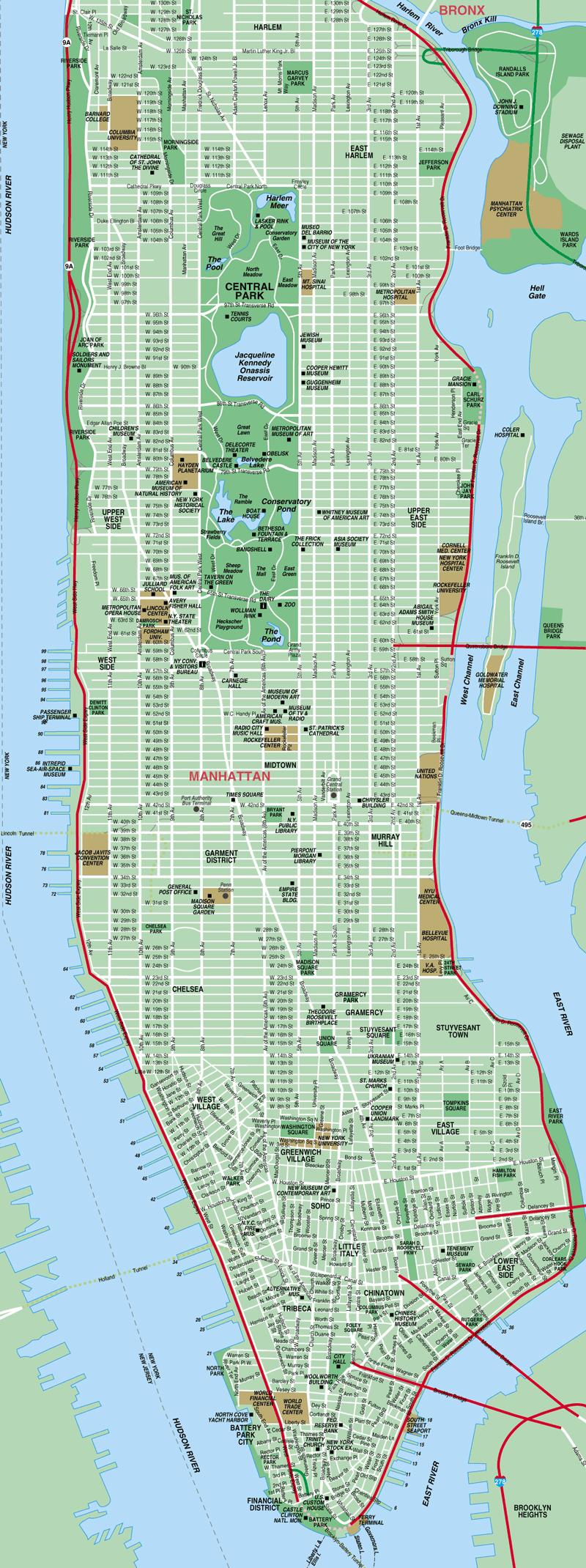 Manhattan kartan - Detaljerad karta över Manhattan (New York - USA)
