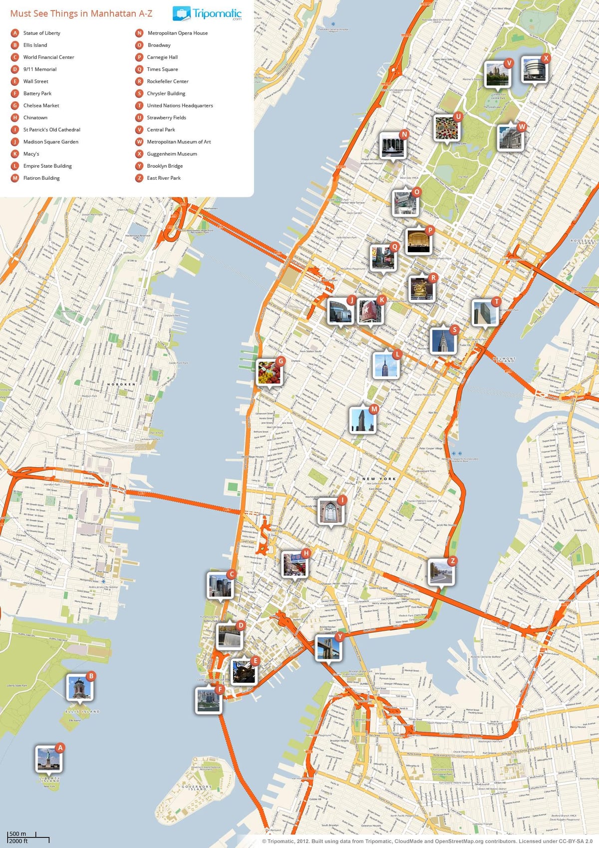 karta över Manhattan visar turistattraktioner