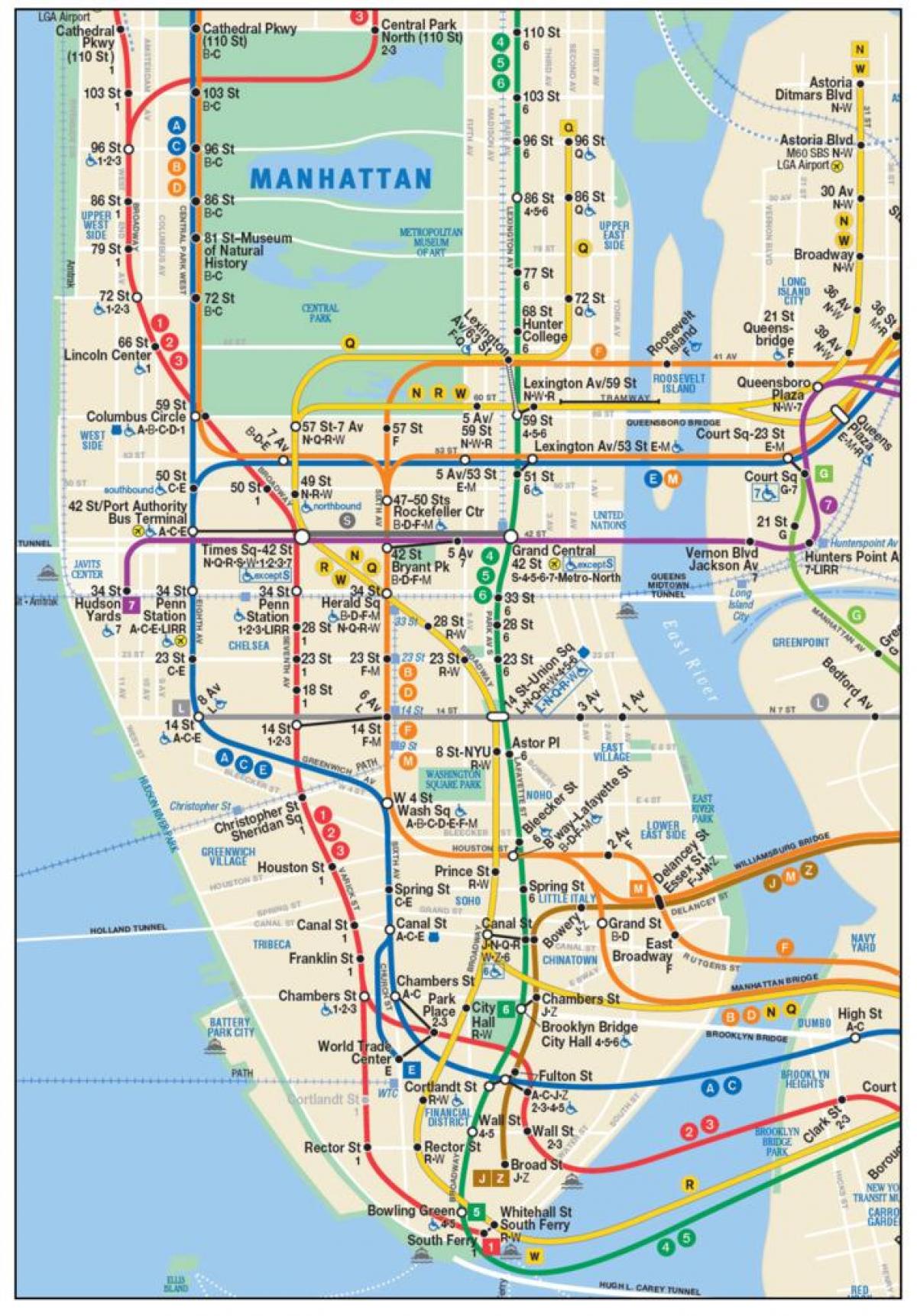 karta över nedre Manhattan tunnelbana