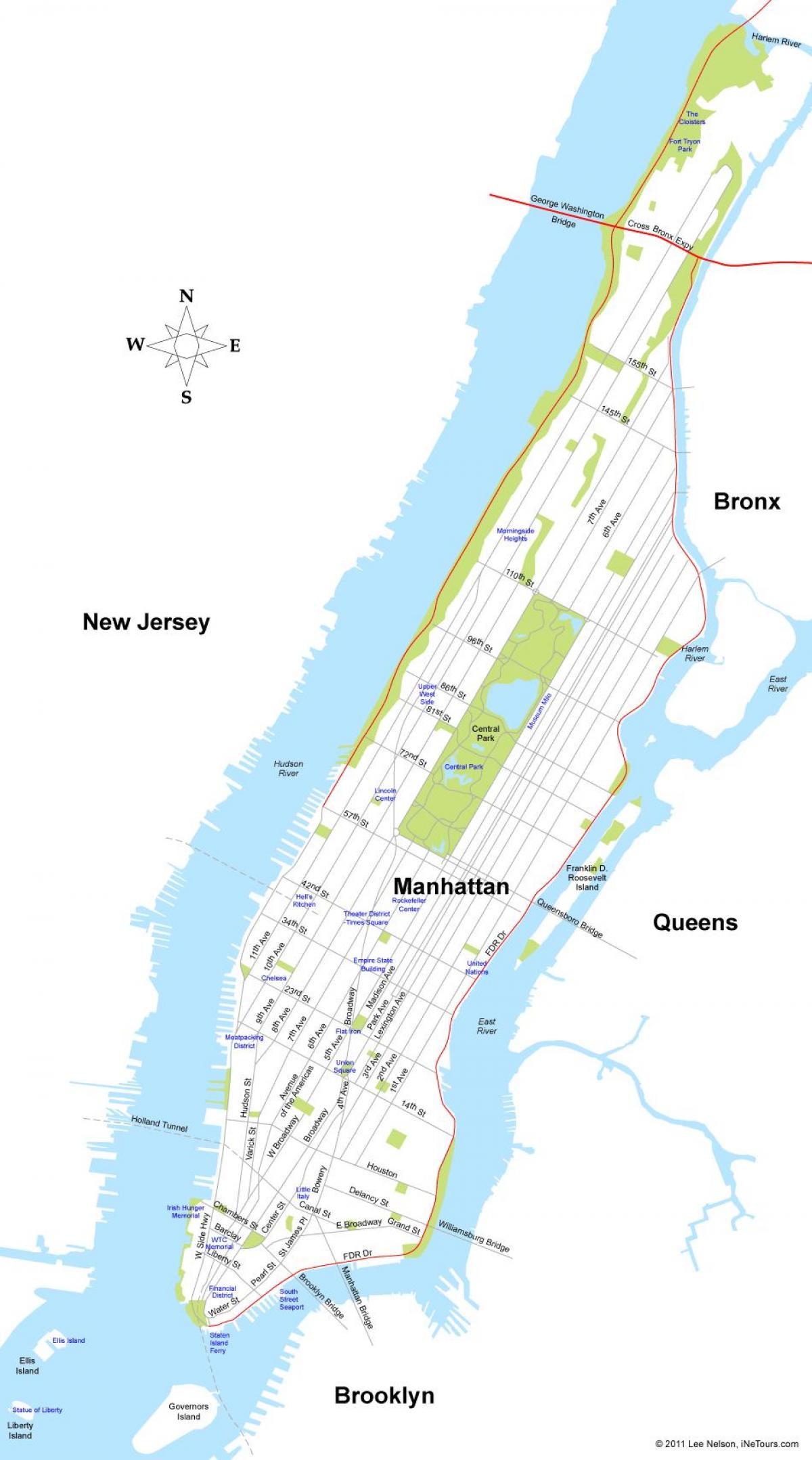karta över ön Manhattan i New York