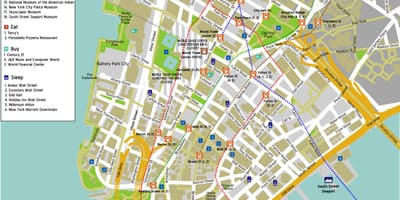 Karta över nedre Manhattan med gatunamn